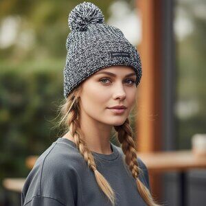 REBECCA MINKOFF Marled Sweater Knit Beanie Hat Pom Pom Winter Holiday Gift